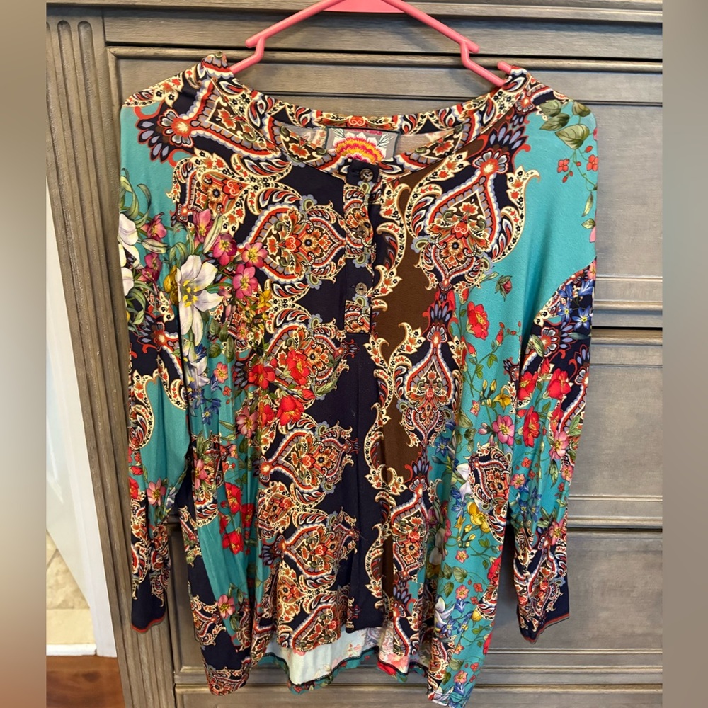 Johnny Was Boho Floral Paisley Keyhole Blouse - Teal & Navy